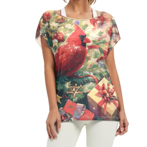 Image of Green Tree Cozy Christmas Women's Short Batwing Sleeve Shirt Crew Neck T Shirts Loose Tops for Girls