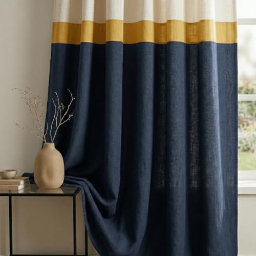Image of Peepul Tree Cotton 7ft Door Curtain Woven in Navy Blue and Off White | Semi Blackout with 70% Light Blocking| Top to Bottom Reversible Curtain Set of 2