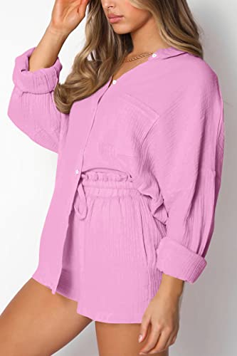 Automet 2 Piece Outfits For Women Pink Lounge Sets Pajama Long Sleeve Button Down Oversized Shirts And Shorts Fall Tracksuit 2023 Fashion Preppy Clothes #TOP4