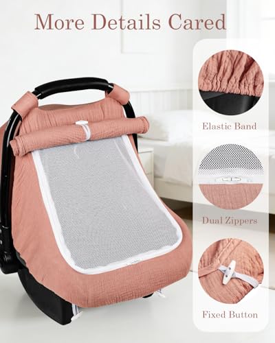 Image of DILIMI Car Seat Covers for Babies, Muslin Cotton Baby Car Seat Cover with Breathable Mesh Window, Summer Infant Car Seat Canopy for Boys Girls Newborn, Dark Pink