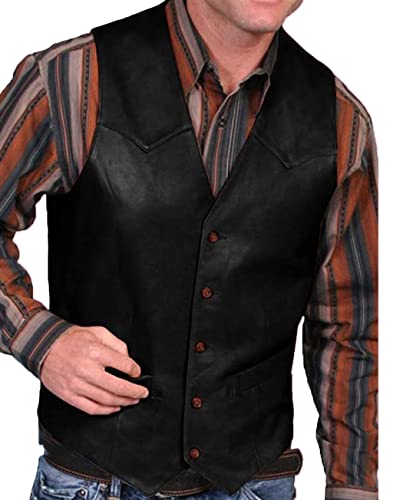 Men's Leather Hunting Fishing Vest V-Neck Vintage Motorcycle Suit Vest Plus Size Casual Western Waistcoat