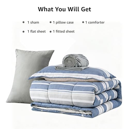 Image of Monbix Twin XL Comforter Set - Extra Long 5 Pieces Dorm Bedding Sets, Ocean Blue-Stripe Bedding Sets, All Seasons Comforter Bed Set with Sheets, Pillowcase & Sham
