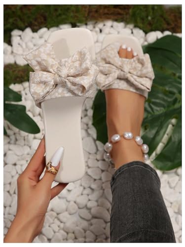 Gorglitter Women'S Floral Graphic Bow Decor Slide Sandals Square Open Toe Flats Beach Shoes Beige 7.5 thumb #1