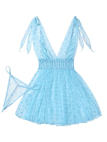 Image of Lilosy Sexy Polka Dots Mesh Sheer Lace Babydoll Chemise Lingerie Set Floral Sleep Wear