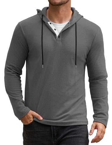 Vssjavun Mens Hoodie Pullover Long Sleeve Casual Henley Shirts Slim Fit Hooded Athletic Shirt with Drawstring