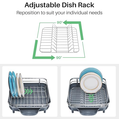 Image of SNTD Dish Drying Rack, Expandable Dish Rack for Kitchen Counter, Stainless Steel Dish Drainer with Drainboard Set and Utensil Holder (Gray)