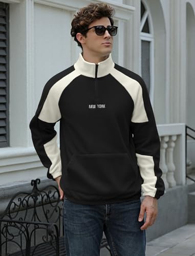 ZAFUL Men's Polar Fleece Sweatshirt NEW YORK Embroidered Quarter Zip Kangaroo Pocket Color Block Stand Collar Pullover (0-Black, S)3