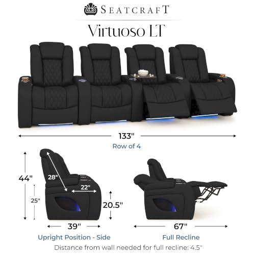 Image of Seatcraft Virtuoso LT Black Italian Leather Home Theater Seating, Zero Gravity Power Recliner, Powered Headrest and Lumbar Gaming and Home Office Chair, Heat and Massage Lounge Sofa, Row of 4