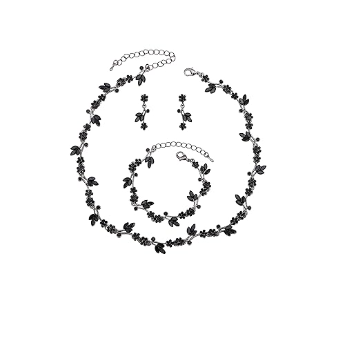Brides Bridesmaid Flower Leaf Choker Necklace Dangle Earrings Link Bracelet Austrian Crystal Wedding Jewelry Set for Prom Costume Party Accessories for Woman(Black-Gun plated)