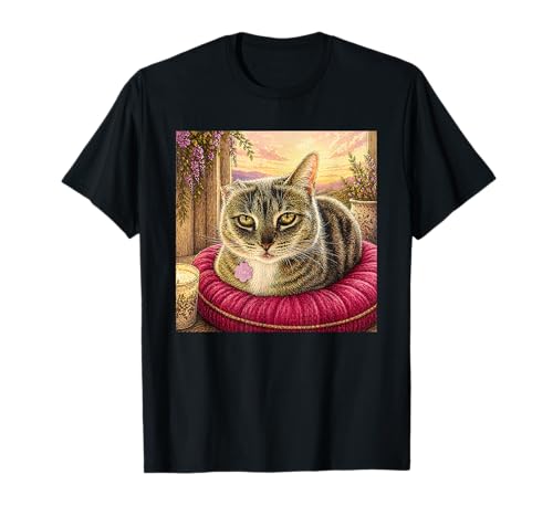 Cozy Tabby Cat on Pink Pillow Cute Rescue Half-Ear Rescue T-Shirt