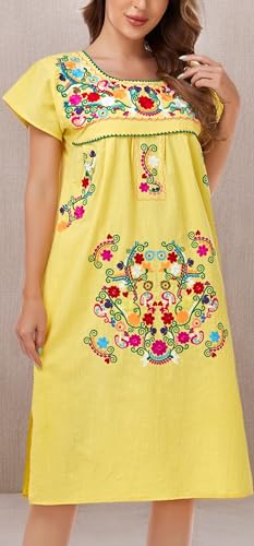 Image of YZXDORWJ Women Mexican Embroidered Long Dress Ruffle Collar Maxi Boho Floral Summer Short Sleeve