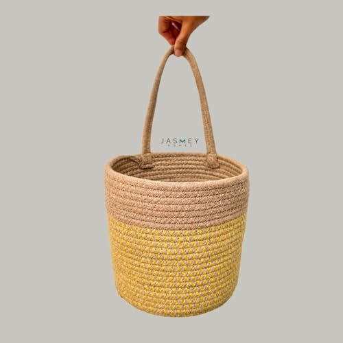 Image of JASMEY HOMES Wall Hanging Jute Basket for Vegetables /Newspaper Storage Box for Home /Milk Basket for Main Door Hanging (Yellow)