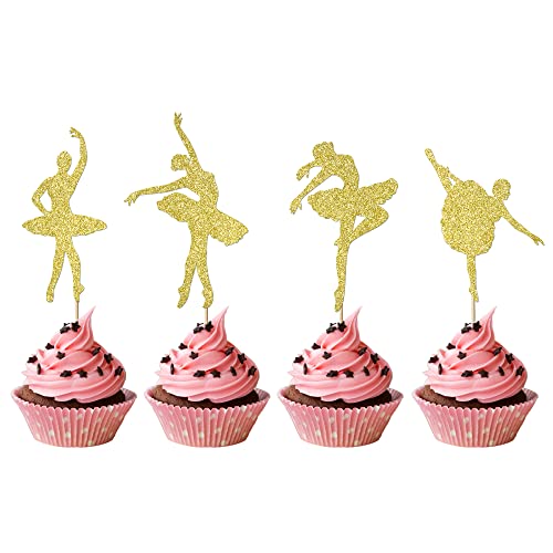 Migeaks 24Pcs Ballet Birthday Cupcake Decoration-Girl Birthday Party Glitter Cupcake Topper-Ballet Party Cake Decoration Supplies (Gold) #TOP1