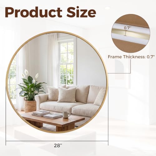 Image of Sweetcrispy 30 Inch Round Wall Mirror, Bathroom Mirrors for Over Sink, Matte Metal Framed Circle Vanity Mirror, Wall Decor for Bedroom, Entryway, Anti-Rust, Tempered Glass, Hanging or Leaning, Gold