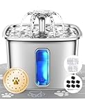 Veken Innovation Award Winner Stainless Steel Cat Water Fountain, 108oz/3.2L Pet Fountain with 7 Replacement Filters & 7 Pre-Filter Sponges & Silicone Mat, for Cats, Dogs (Silver)