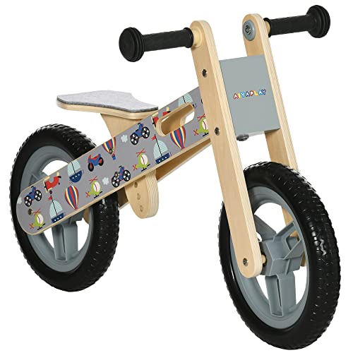 AIYAPLAY Bicicleta sin Pedales de Madera para Niños de 3-6 Años con Sillín Ajustable de 34-40 cm Bicicleta de Equilibrio Infantil con Ruedas de 12' Carga 30 kg 87x37x50 cm Gris