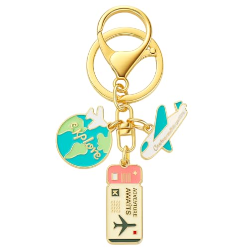 Travel Keychain, with “Explore” Globe, “Adventure Awaits” Ticket, and Airplane