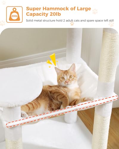 Image of MUTTROS Cat Tree for Large Cats with Metal Plush Big Hammock, 56.3 inch Cat Tower for Indoor Cats with 2 Door Condo House, 6-Tier Cat Shelves with Scratching Posts and Large Top Perch, Cream White