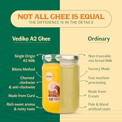 Image of Vediko Origins A2 Gir Cow Ghee | Traditional Bilona Method | Curd-Churned & Firewood-Cooked | Grass-Fed Desi Gir Cows | Danedar, Ayurvedic, Lactose-Free Ghee (500ml)