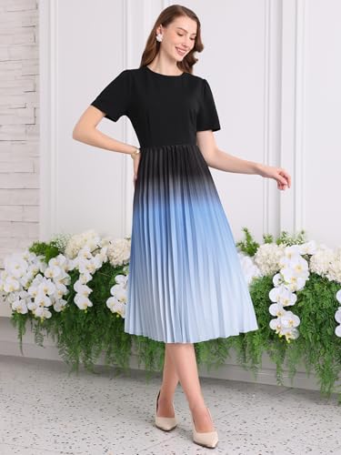 Women's Short Sleeve Pleated Dress 2025 Spring Trendy Office Work A-Line Midi Dresses3