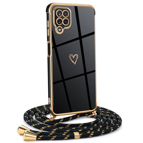 Mkej Custodia con Collana per Samsung galaxy A12/ M12, Cover Donna Cuore amore con Cordino, Case con Laccio Tracolla Elettrolitico TPU Cover con Collana per Samsung galaxy A12/ M12 - oro nero