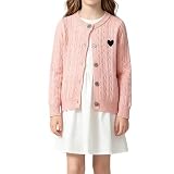 Cárdigan de punto para niñas, suéter de punto liso de manga larga con botones, suéter de punto suave y cálido, ropa de punto con corazón, ropa de otoño e invierno, rosa, 5-6 años