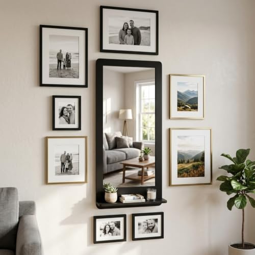 Image of Creative Arts n Frames 15x39 inch Wall Mount HD Framed Mirror with Shelf for Bathroom Bedroom Living Room Home Office Decor Items (Classic Black with Shelf Rectangular.)