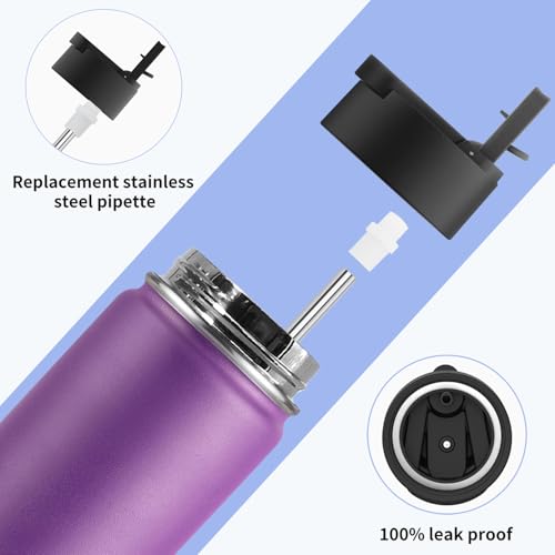 Image of koodee Insulated Water Bottle-26 oz Stainless Steel Vacuum Sports Water Bottle with Straw Reusable Metal Water Flask with Leak Proof Straw Lid (Purple)