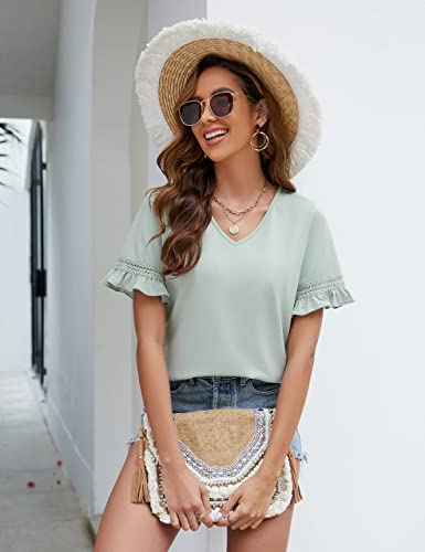Blooming Jelly Womens Summer Tops Cute Flowy V Neck T Shirts Ruffle Short Sleeve Flowy Spring Tops (Small, Green) #TOP1