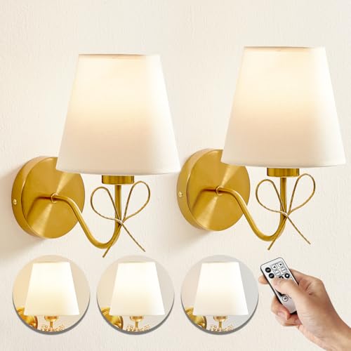Mesuz Battery Operated Wall Sconces Lights Set of Two Remote Control, Antique Brass Bow Sconces Rechargeable Battery Powered Wall Lights Dimmable LED 2700K-6000K 16 Color Temperatures