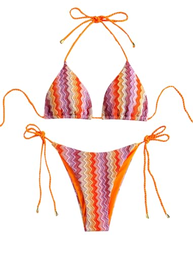 ZAFUL 2 Piece Triangle Bikini for Women Knitted Rope Halter Bikini Sets Sexy Bathing Suit Side Tie Swimsuits Beachwear