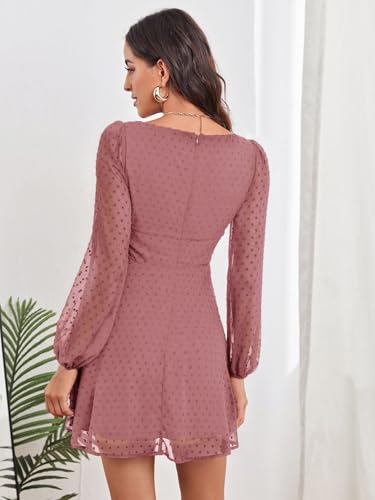 Image of Women's Polka Swiss Dots Square Neck Dress Lantern Long Sleeve Dress for Women Chiffon Mini Dress