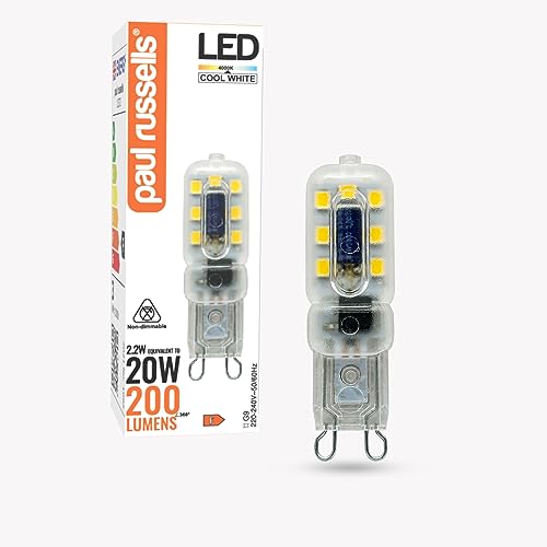 paul russells G9 LED Bulbs, 2.2W, Cool White 4000K,200LM, Equivalent to 20W G9 Halogen Bulbs, Non-Dimmable, Energy Saving G9 Bi-Pin Capsule Bulb, for Home Lighting Chandelier Lamp Decor 1 Pack