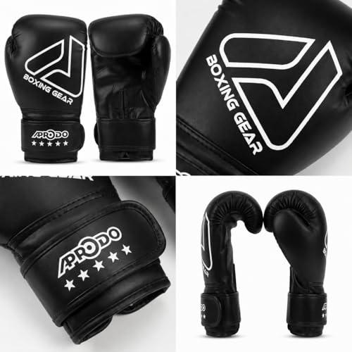 Image of APRODO Beginner Boxing Gloves for Kids & Adults - Men & Women Training, Sparring & Heavy Bag Gloves - Durable PU Leather with Wrist Support (Black /White, 12oz)
