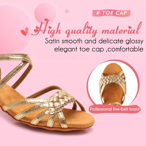 YKXLM Girls Latin Dance Shoes Kids Low Heels Tango Salsa Ballroom Practice Dance Shoes, 1208,Gold,13.5 M Little Kid2