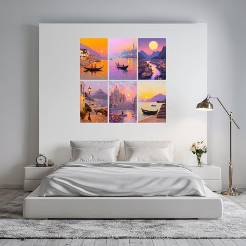 Image of SiddArtify Sunset Cityscape Wall Art Poster Print Set - Impressionist Boat & Building Decor for Living Room Bedroom Office - 12x18 inch Board Pack of 6