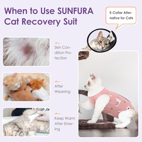 Image of SUNFURA Cat Recovery Suit, Kitten Surgical Full Bodysuit for Abdominal Wound Protector Anti Licking After Surgery, Professional Bandages Cone E-Collar Alternative for Small Male & Female Pets