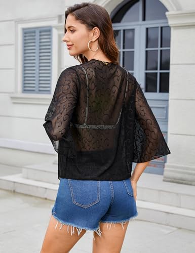 Image of Totatuit Women's Short Cardigan Bolero Sheer Shrug Tie Open Front Bell Sleeve Summer Cropped Bolero Cardigan