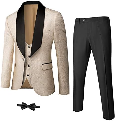YND Men's 3 Piece Slim Fit Tuxedo Set, One Button Shawl Collar Jacquard Jacket Vest Pants with Bow Tie, Beige