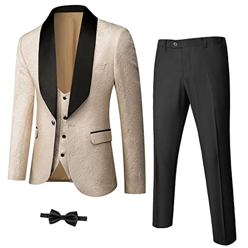 Ynd Men's 3 Piece Slim Fit Tuxedo Set, One Button Shawl Collar Jacquard Jacket Vest Pants With Bow Tie, Beige #TOP2