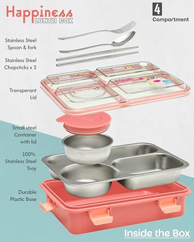 Image of TEC TAVAKKAL 4 Compartment Leak-Proof Lunch Box with Extra Steel Bowl & Lid, 900ML Bento Lunch Box | BPA Free | Includes Spoon, Fork & Chopsticks, Dishwasher Safe, Food Grade Durable Material (Pink)