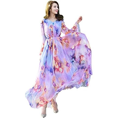 MedeShe Women's Summer Floral Long Beach Maxi Dress Lightweight Sundress (Bell Sleeve Lavender Floral, Large) Cover