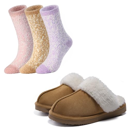 Litfun Women's Fuzzy Memory Foam Slippers(Size 8-8.5,Chestnut) Fuzzy Socks for Women (3 Pairs, Khaki/Pink/Purple, M)