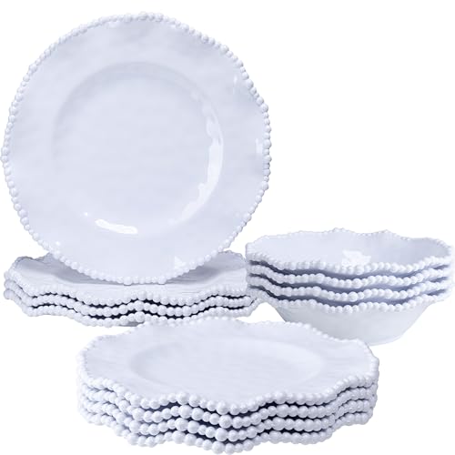 ZAROCRUS 12-Piece White Beaded Melamine Dinnerware Sets – Chip-Resistant Plates & Bowls, Farmhouse Dining Set includes 4 dinner, 4 Salad and 4 Bowl – Ideal for RV, Cabin, Daily Use