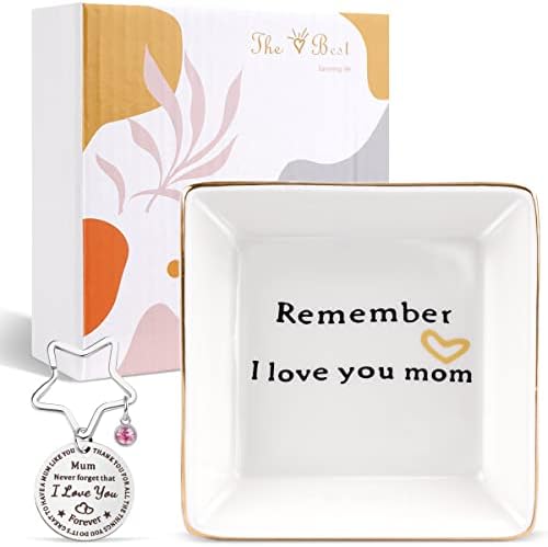 URQUEEN Mothers Birthday Gifts, Mom Gifts from Daughter Son Kids, Ceramic Ring Dish Jewelry Tray with Keychains for Mom, Presents for Birthday, Style A