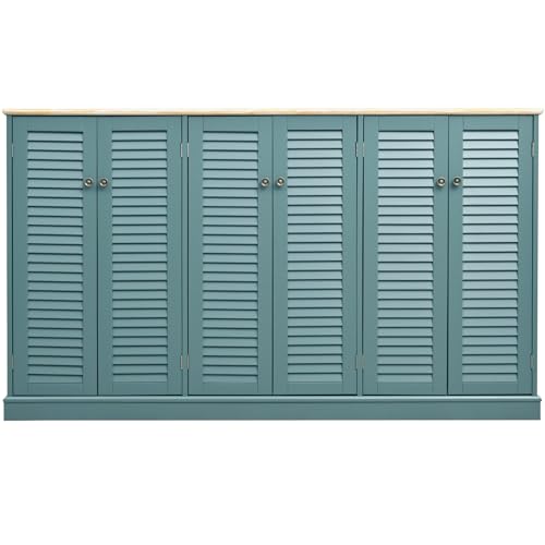 WZONICE98 Farmhouse Sideboard with 6 Shutter Doors 63'' Narrow Buffet Cabinet Kitchen Coffee Bar Storage Aqua Display Hutch for Dining Room Living Room MDF Teal 11.75" D x 63" W x 36.75" H