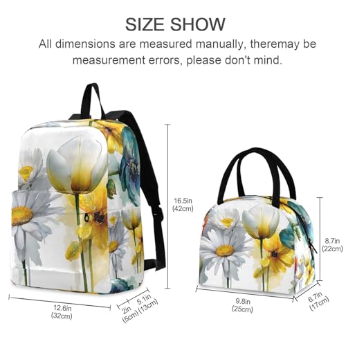 Backpack Lunch Bag Set Pattern Of Flowers Print, Big Storage Travel Backpacks with Insulated Lunch Box for Office Hiking Picnic2