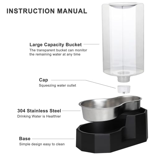 Sfozstra Automatic Pet Water Dispenser with Stainless Steel Bowl, Gravity Waterer, Angular Water Feeder for Small to Large Dogs and Cats (Black, 8L Without Filter)