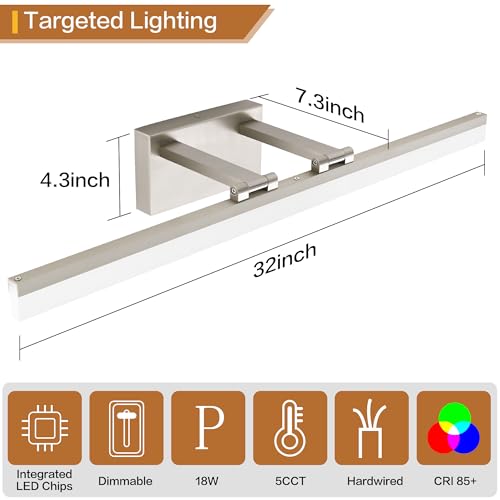 Image of SOLFART 31.5 Inch Dimmable Bathroom Vanity Lights Over Mirror 5 Color Temperature Vanity Lighting Fixtures for Bath Brushed Nickel Bathroom Light fixtures Bar 5CCT