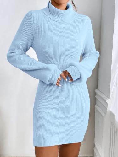 Image of Turtleneck Sweater Dress for Women Lantern Sleeve Mini Bodycon Ribbed Knit Sweater Pullover Short Dresses XS-XXL